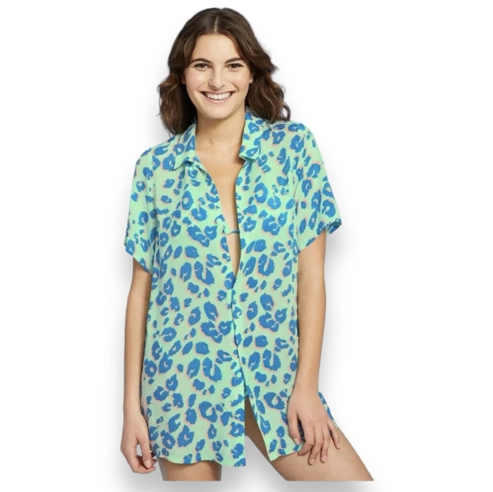Green Blue Leopard Short Sleeve Swim Coverup Xhilaration LARGE